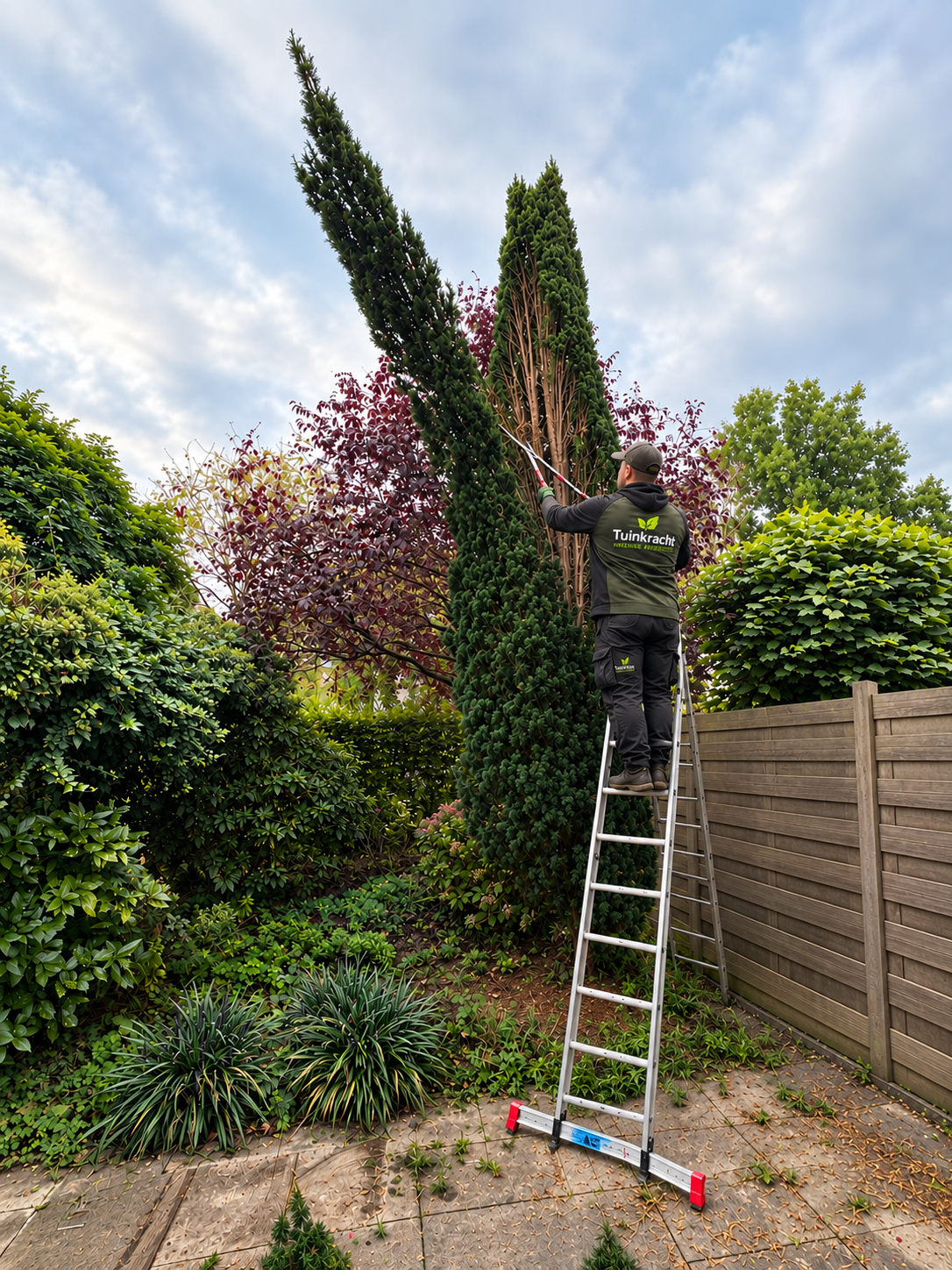 Hovenier snoeit een hoge conifeer vanaf een ladder