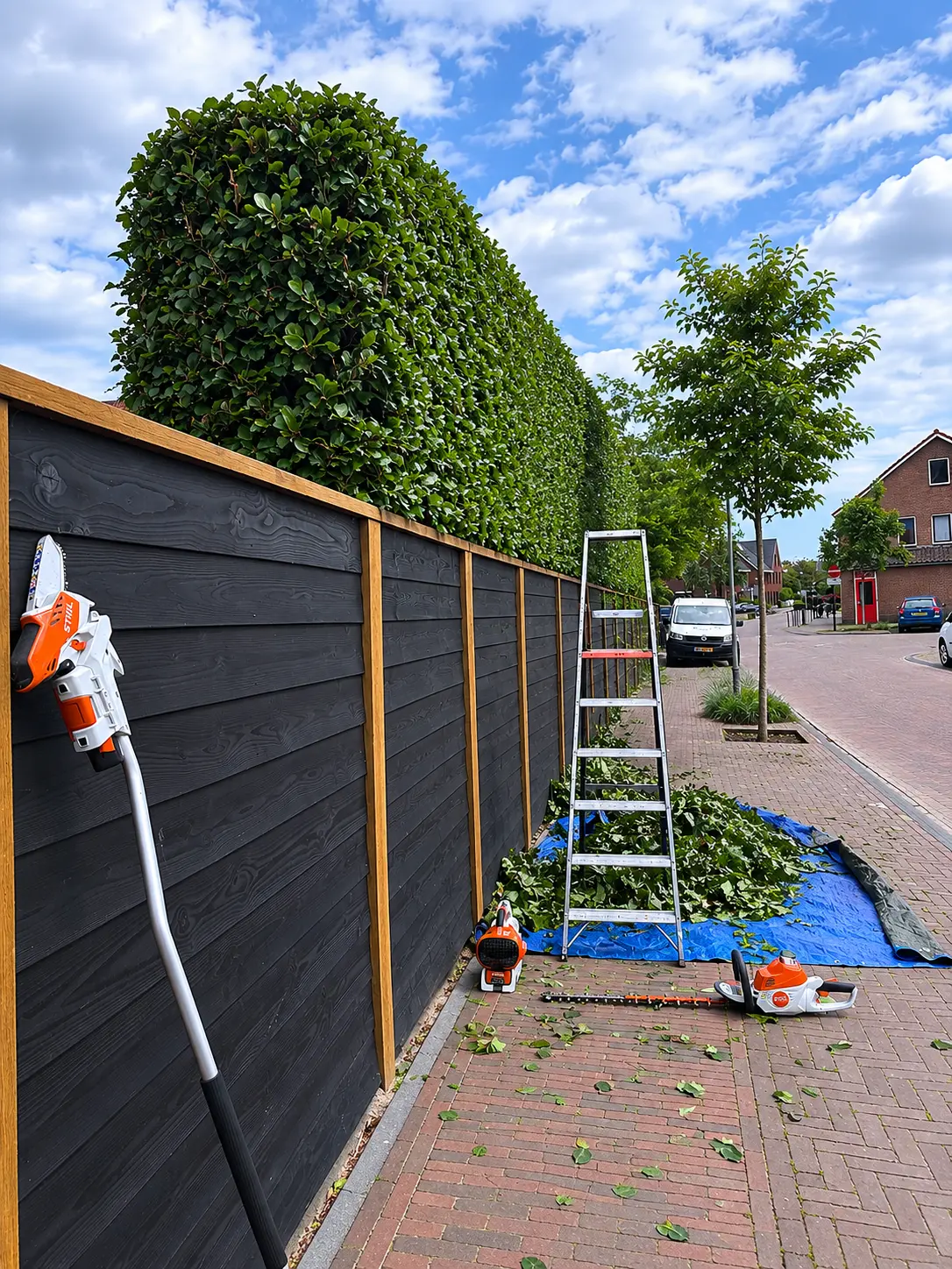 Snoeiwerk aan leibomen langs een houten schutting
