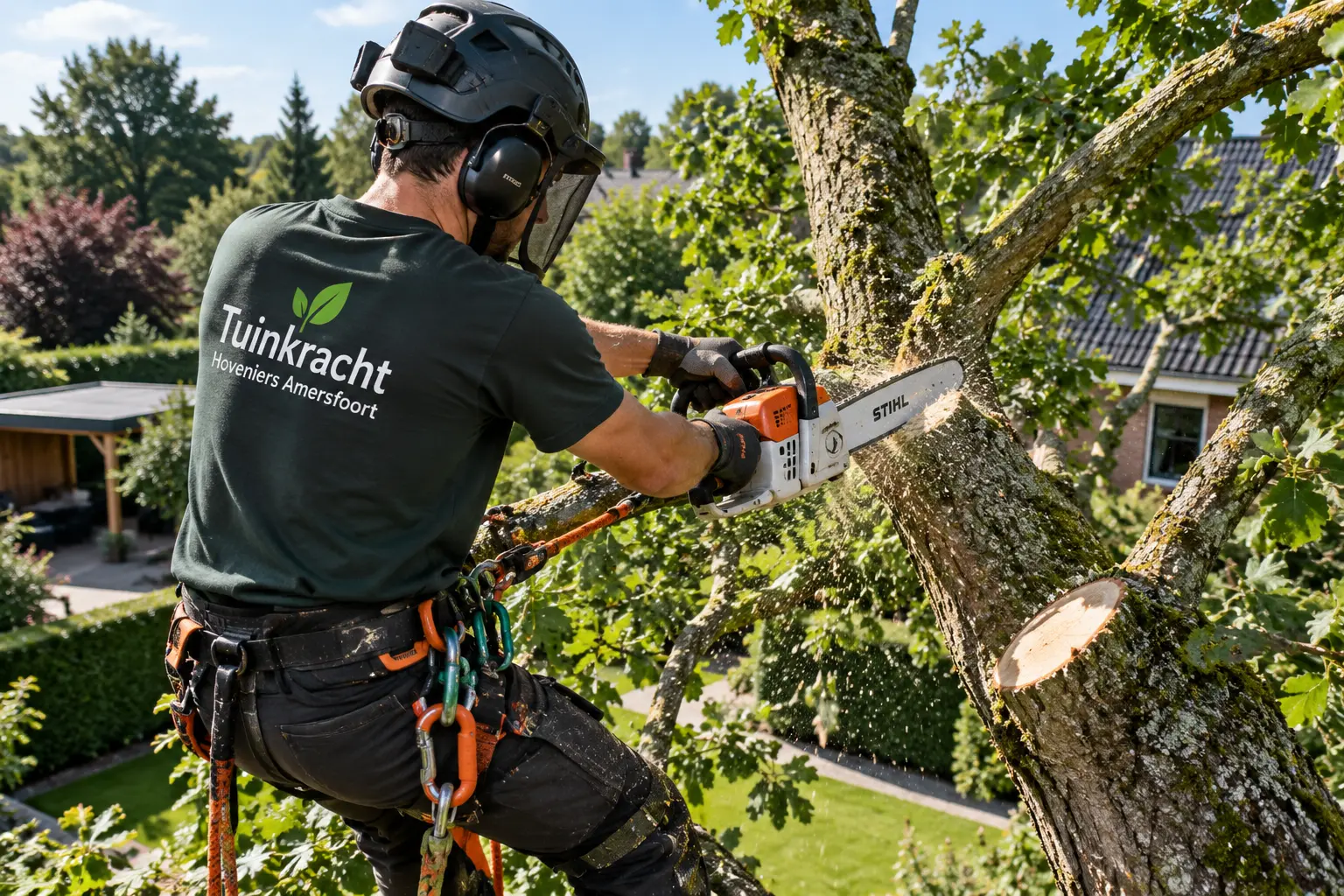 Hovenier van Tuinkracht snoeit met kettingzaag in een grote boom