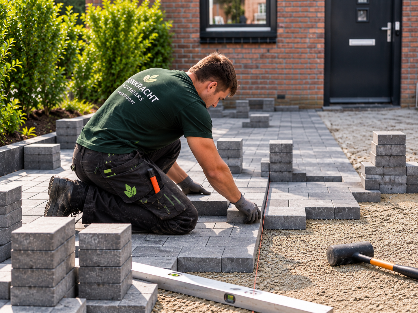 Hovenier van Tuinkracht legt nauwkeurig een vlak van klinkers